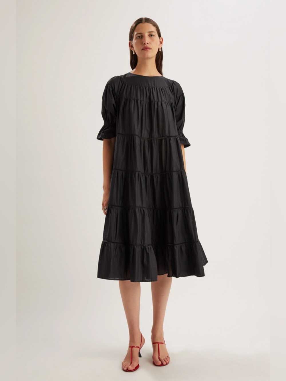 Merlette Paradis Tiered Cotton Lightweight Midi Dress in Black, Size M